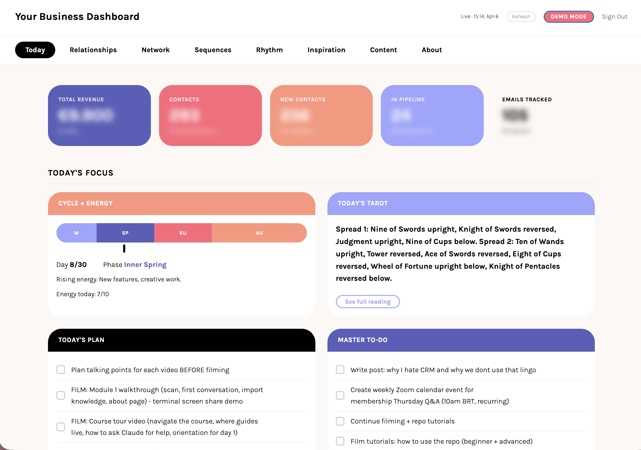 Dashboard Today tab showing focus, cycle, energy, tarot, today's plan, and master to-do